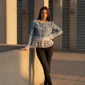 Stylish Blue Lace-Trimmed Jean Jacket